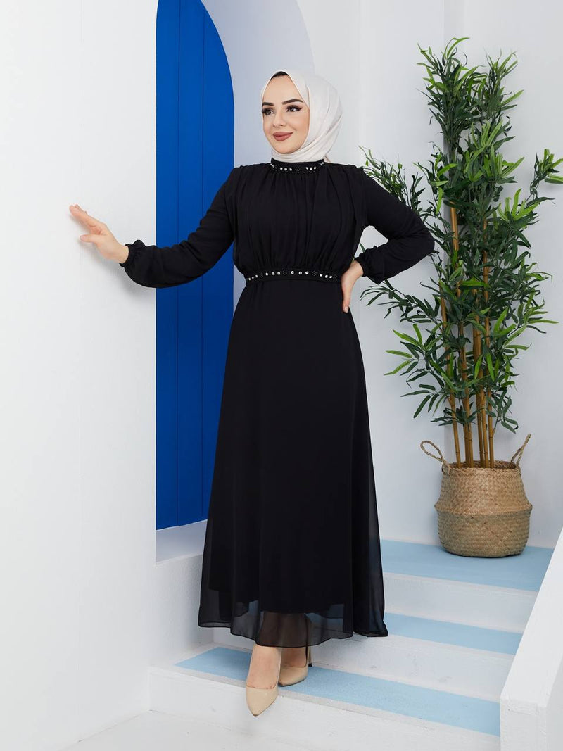 Efsun Moda Turkish Women's Saffron Chiffon Maxi Dress-122 Black - Tuzzut.com Qatar Online Shopping