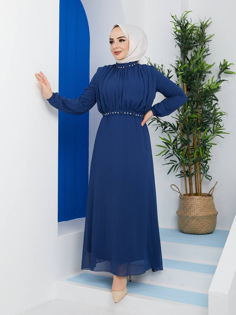Efsun Moda Turkish Women's Saffron Chiffon Maxi Dress-122 Blue - Tuzzut.com Qatar Online Shopping
