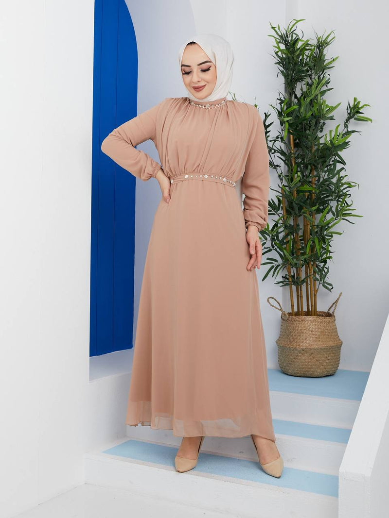 Efsun Moda Turkish Women's Saffron Chiffon Maxi Dress-122 Cream - Tuzzut.com Qatar Online Shopping