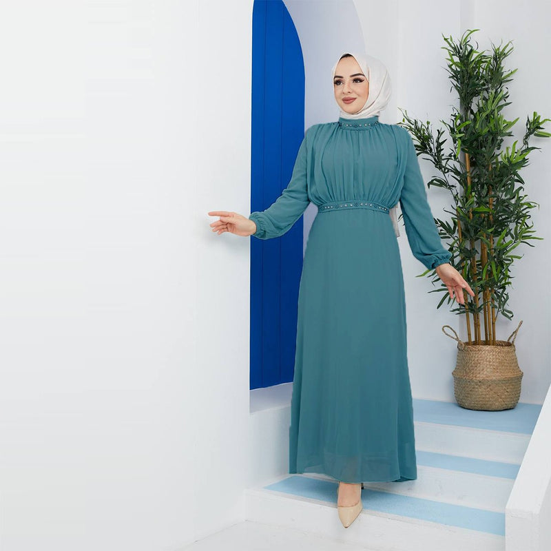 Efsun Moda Turkish Women's Saffron Chiffon Maxi Dress-122 Peacock Blue - Tuzzut.com Qatar Online Shopping