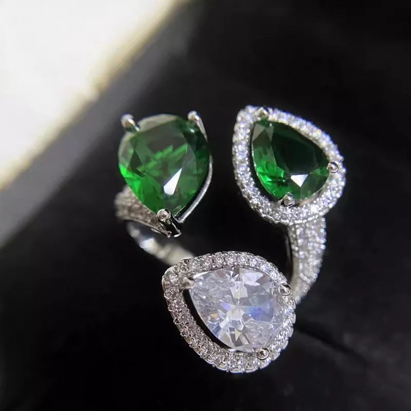 Green Crystal Stone Finger Rings For Women Silver Colour Open Size Adjustable Rings - TUZZUT Qatar Online Store