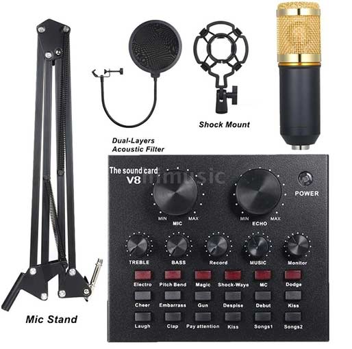 Condenser Microphone Kit With Live V8 Sound Card Audio Mixer Pro Audio Studio Recording & Broadcasting Adjustable Mic Suspension Scissor Arm Pop Filter - Tuzzut.com Qatar Online Shopping