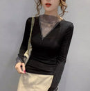 Women's V-Neck Long Sleeve Shiny T-Shirt Korean Style Top R2446 - Tuzzut.com Qatar Online Shopping