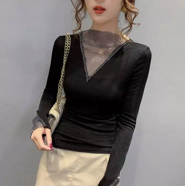 Women's V-Neck Long Sleeve Shiny T-Shirt Korean Style Top R2446 Women's V-Neck Long Sleeve Shiny T-Shirt Korean Style Top R2446