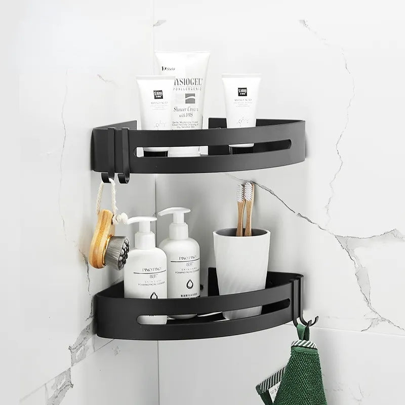 Bathroom Shelf Organizer Shower Storage Rack Black Corner Shelves Wall Mounted Aluminum Toilet Shampoo Holder - Tuzzut.com Qatar Online Shopping