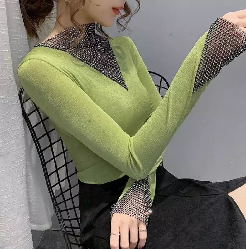 Women's V-Neck Long Sleeve Shiny T-Shirt Korean Style Top R2446 Women's V-Neck Long Sleeve Shiny T-Shirt Korean Style Top R2446