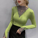 Women's V-Neck Long Sleeve Shiny T-Shirt Korean Style Top R2446 - Tuzzut.com Qatar Online Shopping