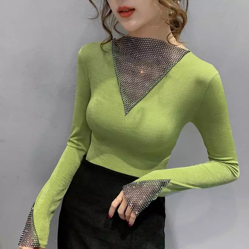Women's V-Neck Long Sleeve Shiny T-Shirt Korean Style Top R2446 Women's V-Neck Long Sleeve Shiny T-Shirt Korean Style Top R2446