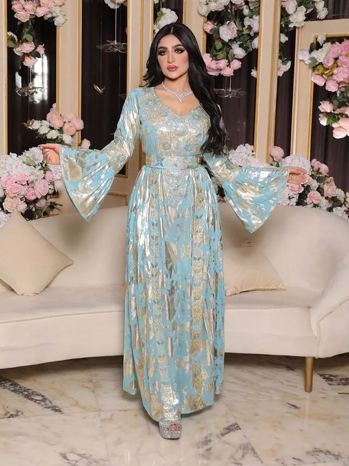 Robe Flare Sleeves V Neck High Waist Elegant Middle East Evening Dresses Floor Length Arabic Gowns - DP1884 - Tuzzut.com Qatar Online Shopping