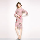 Women’s Golden Sun Pin Red Flower Embroidery Pink Lace Slim Hollow Out Dresses - Tuzzut.com Qatar Online Shopping