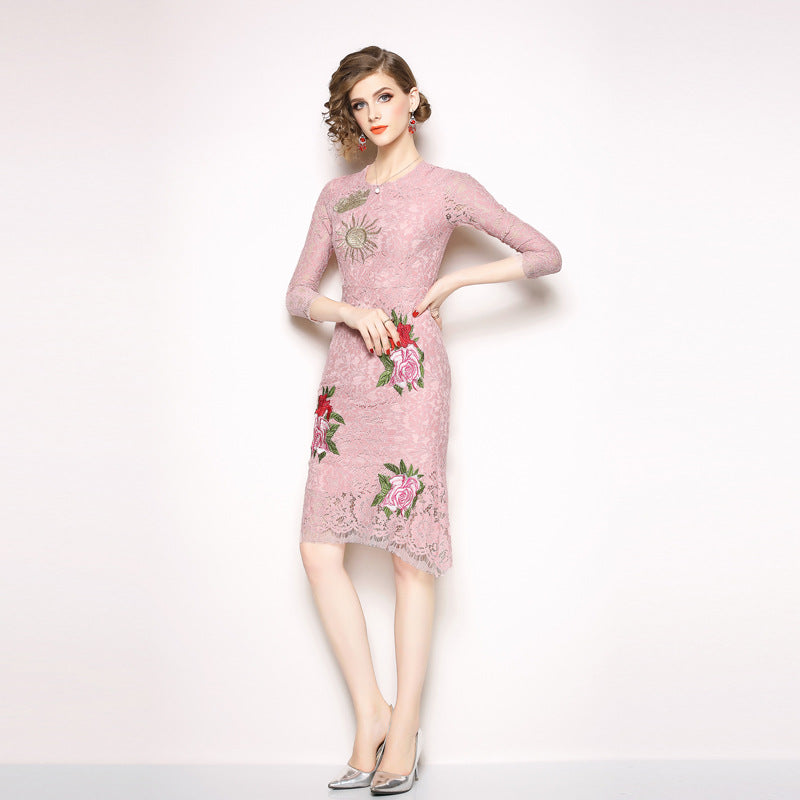 Women’s Golden Sun Pin Red Flower Embroidery Pink Lace Slim Hollow Out Dresses - TUZZUT Qatar Online Store