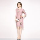 Women’s Golden Sun Pin Red Flower Embroidery Pink Lace Slim Hollow Out Dresses - Tuzzut.com Qatar Online Shopping