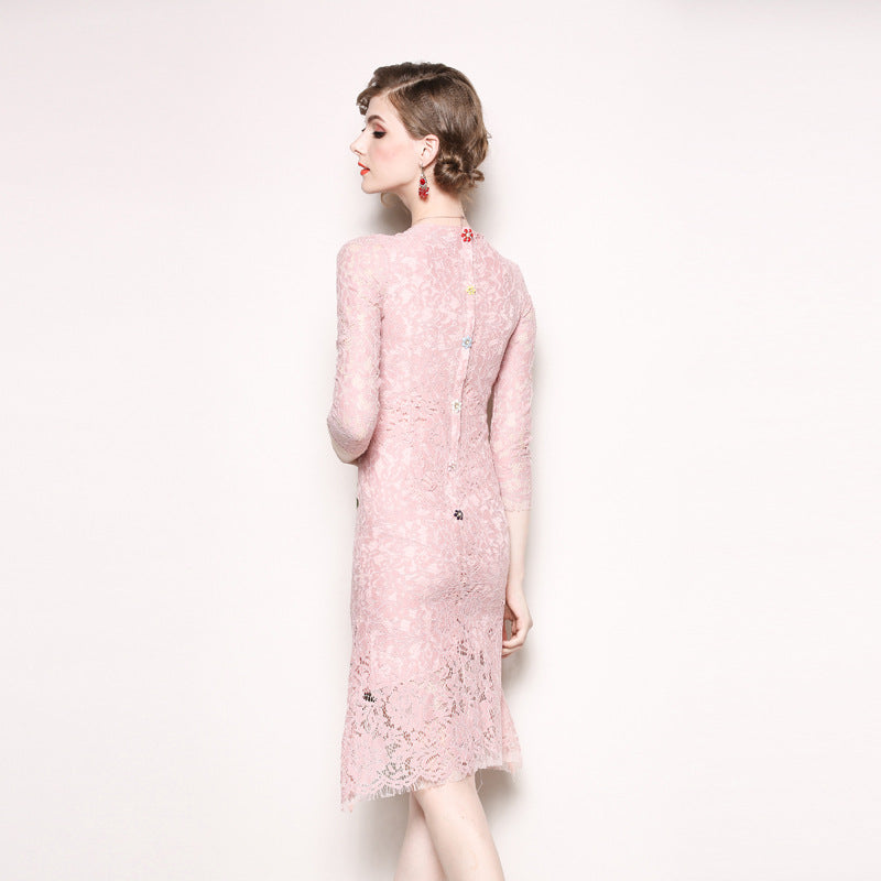 Women’s Golden Sun Pin Red Flower Embroidery Pink Lace Slim Hollow Out Dresses LK55 Women’s Golden Sun Pin Red Flower Embroidery Pink Lace Slim Hollow Out Dresses LK55