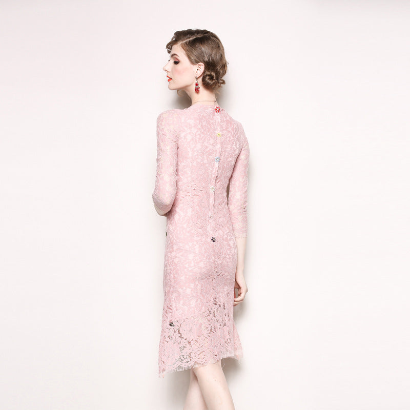 Women’s Golden Sun Pin Red Flower Embroidery Pink Lace Slim Hollow Out Dresses - Tuzzut.com Qatar Online Shopping