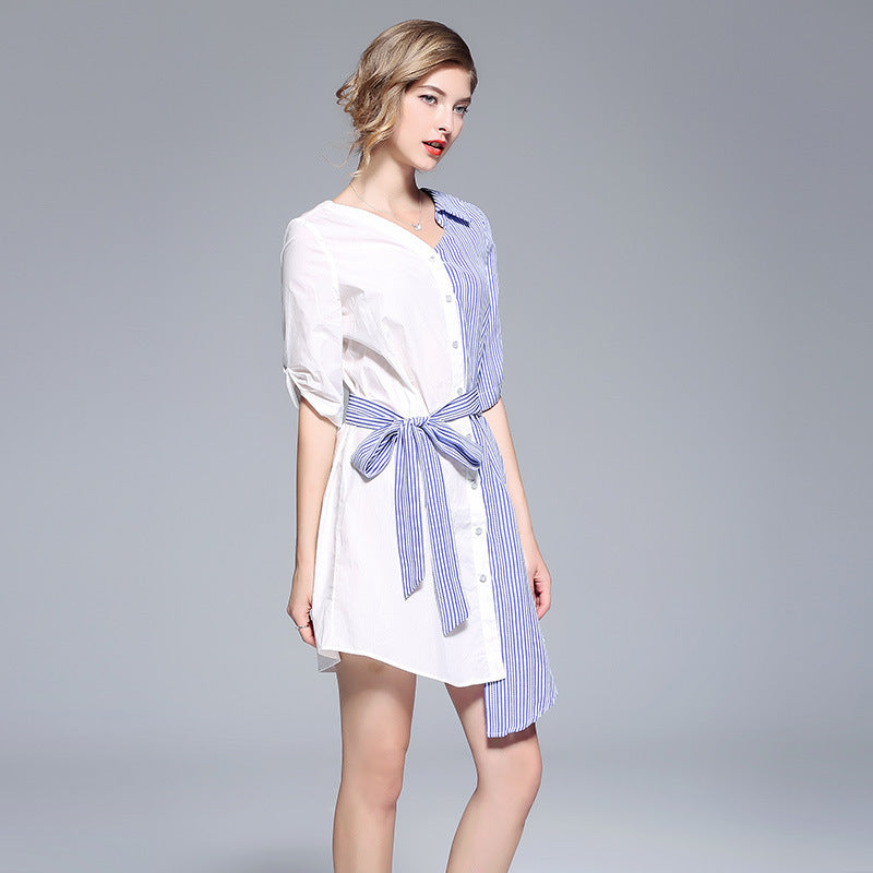 Women’s Summer Fashion Party Elegant Stitching Striped Irregular Shirt Bow Tie Loose  Dresses - Tuzzut.com Qatar Online Shopping