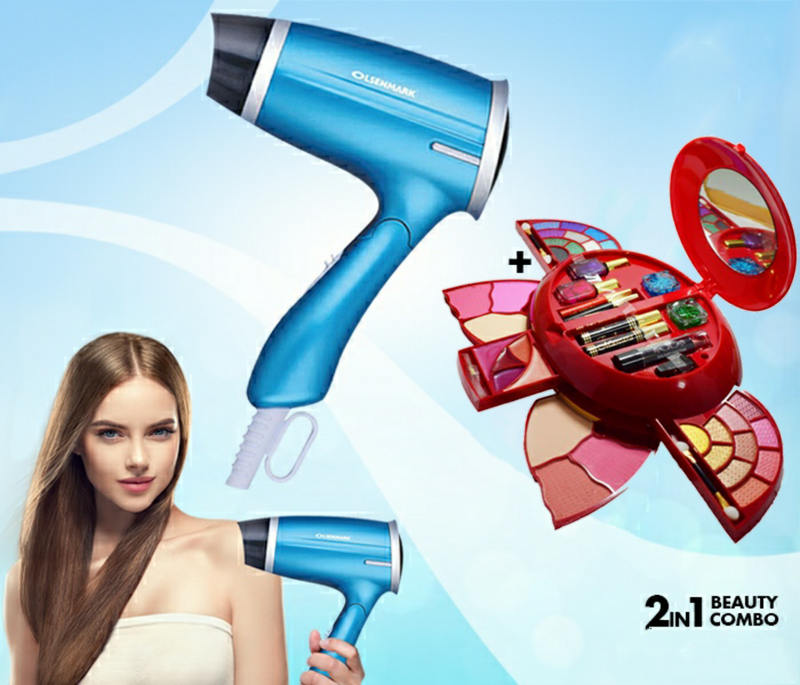 2 in 1 Beauty Combo Olsenmark OMH4008 1400 Watts Hair Dryer + Kmes C-918 Butterfly Design Makeup Kit - TUZZUT Qatar Online Store