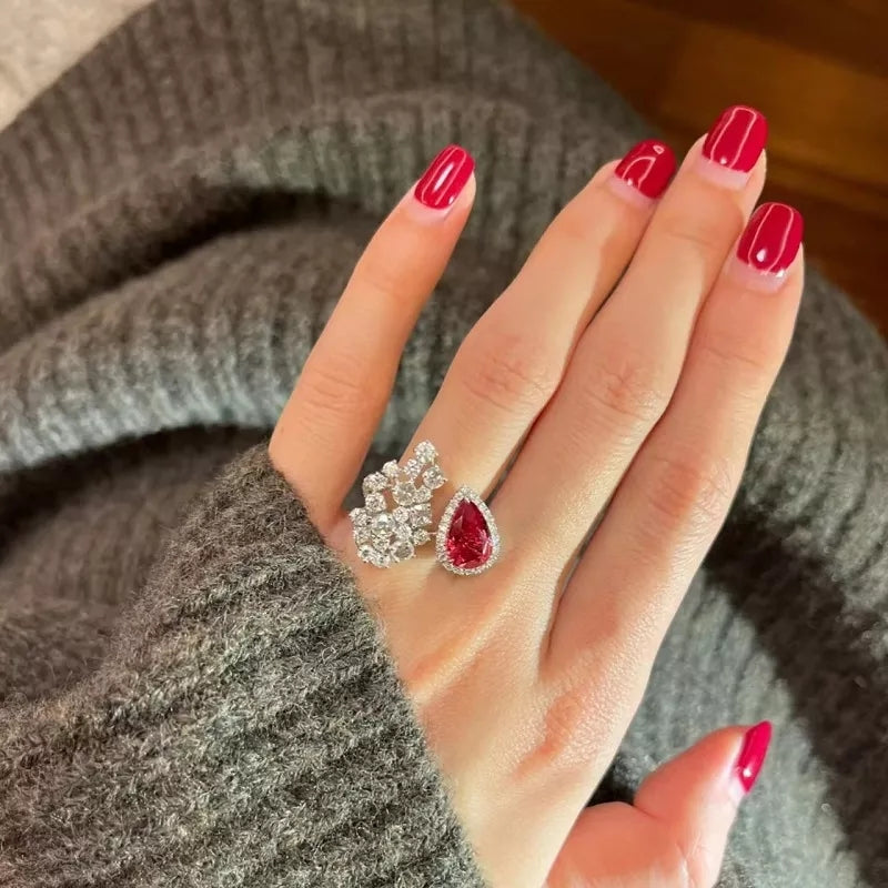 Fashion Red Water Drop Cubic Zirconia Wedding  Open Ring for Women  Girl Girlfriends Party Eagagement Gift Rings Adjustable - Tuzzut.com Qatar Online Shopping
