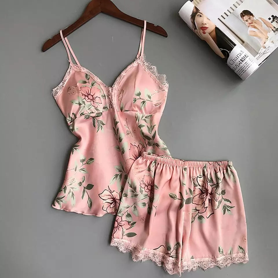 Women’s Floral Printed Lace-Trim Pajama Set (Cami Top + Shorts) Women’s Floral Printed Lace-Trim Pajama Set (Cami Top + Shorts)