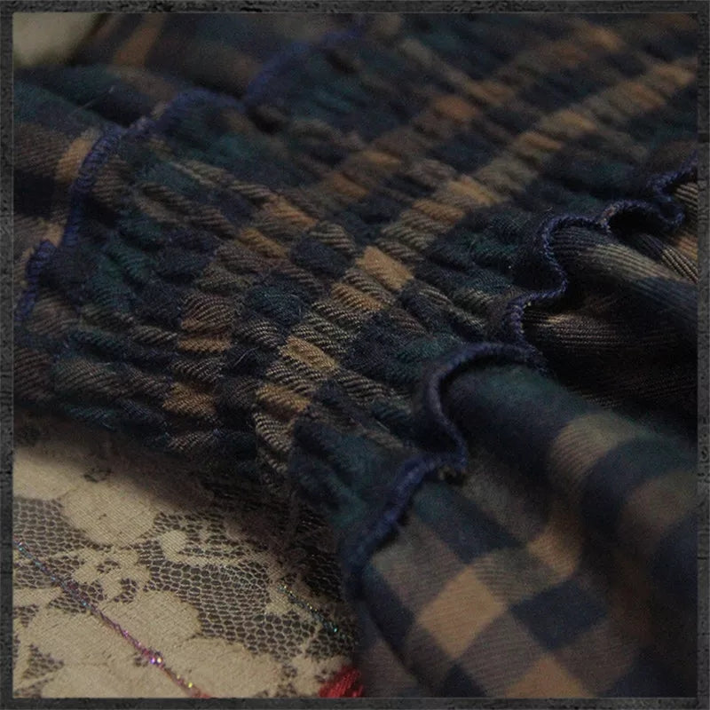 New Vintage Cotton Plaid Patchwork V-Neck Ruffles Asymmetrical Women Dresses - A6537 - Tuzzut.com Qatar Online Shopping