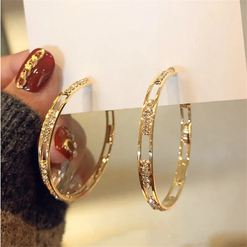 Golden Round Crystal Hoop Earrings for Women Bijoux Geometric Rhinestones Earrings