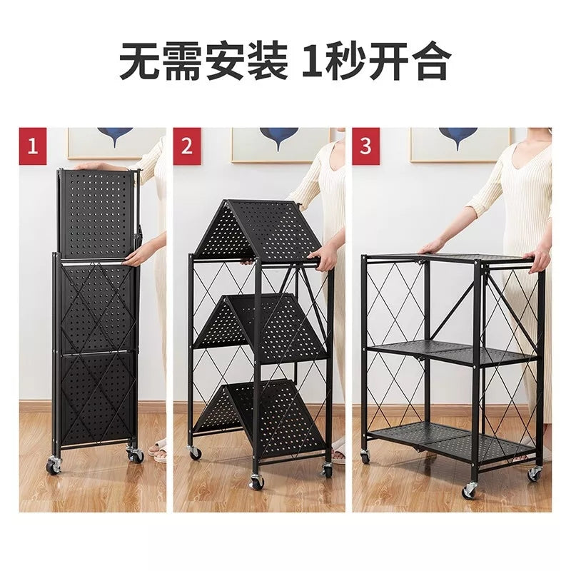 3 Layer Folding Storage Shelf Metal Rack with Rolling Wheel BZ-001 - Black - Tuzzut.com Qatar Online Shopping