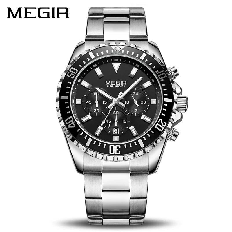 MEGIR 2064 Business Quartz Watch Men Stainless Steel Chronograph Wrist Watch - Silver - Tuzzut.com Qatar Online Shopping