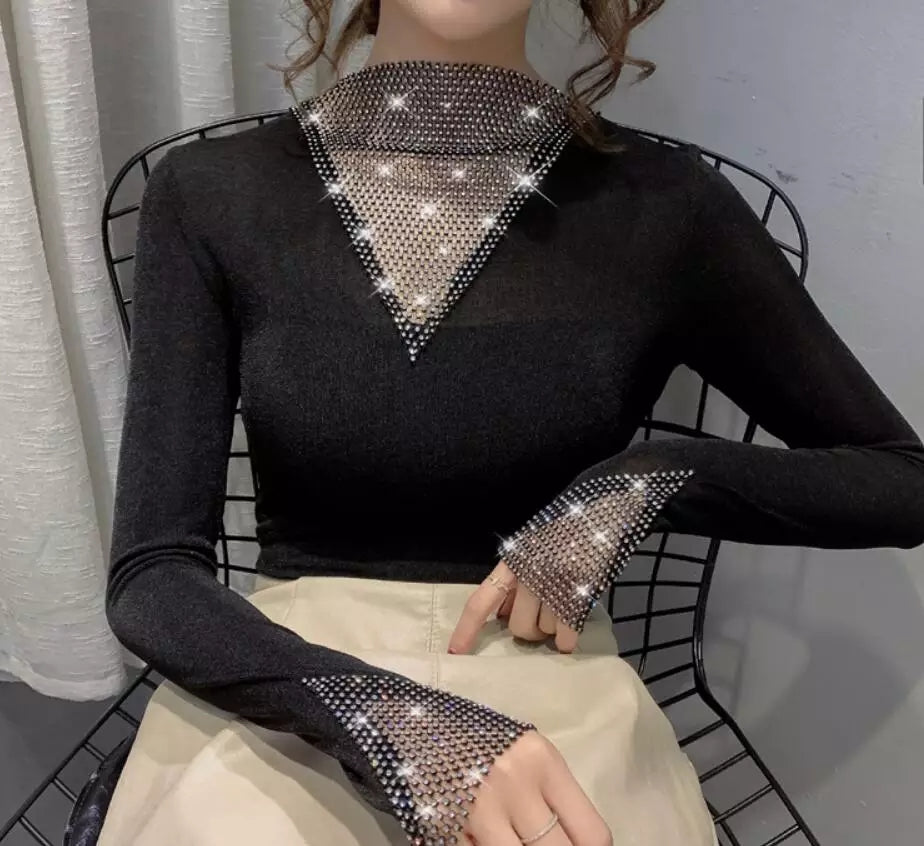 Women's V-Neck Long Sleeve Shiny T-Shirt Korean Style Top R2446 Women's V-Neck Long Sleeve Shiny T-Shirt Korean Style Top R2446