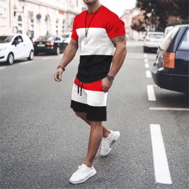 New Men's Summer Street Leisure Sports Patchwork T-Shirt+Shorts Two Sets Of Simple And Oversized 3D Printing Fashion X4530974 - Tuzzut.com Qatar Online Shopping