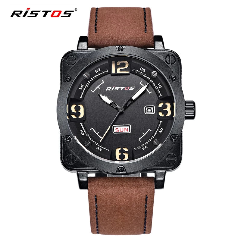 RISTOS Men Quartz Watches Military Genuine Leather Sports Watch Reloj Masculino Business Wrist watch Relogio Hombre Unique 9320 - TUZZUT Qatar Online Store