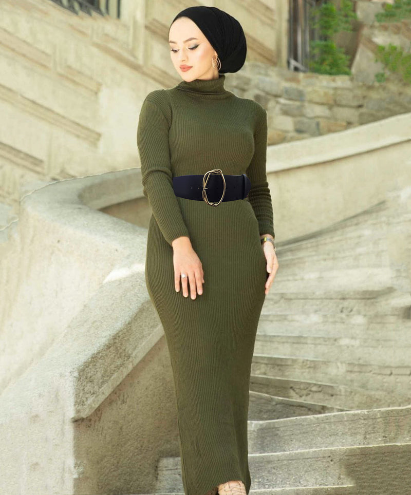 Turkish Knitted Fullsleeve Semi-Wool Elastic Dress with Belt - Tuzzut.com Qatar Online Shopping
