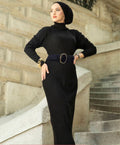 Turkish Knitted Fullsleeve Semi-Wool Elastic Dress with Belt - Tuzzut.com Qatar Online Shopping