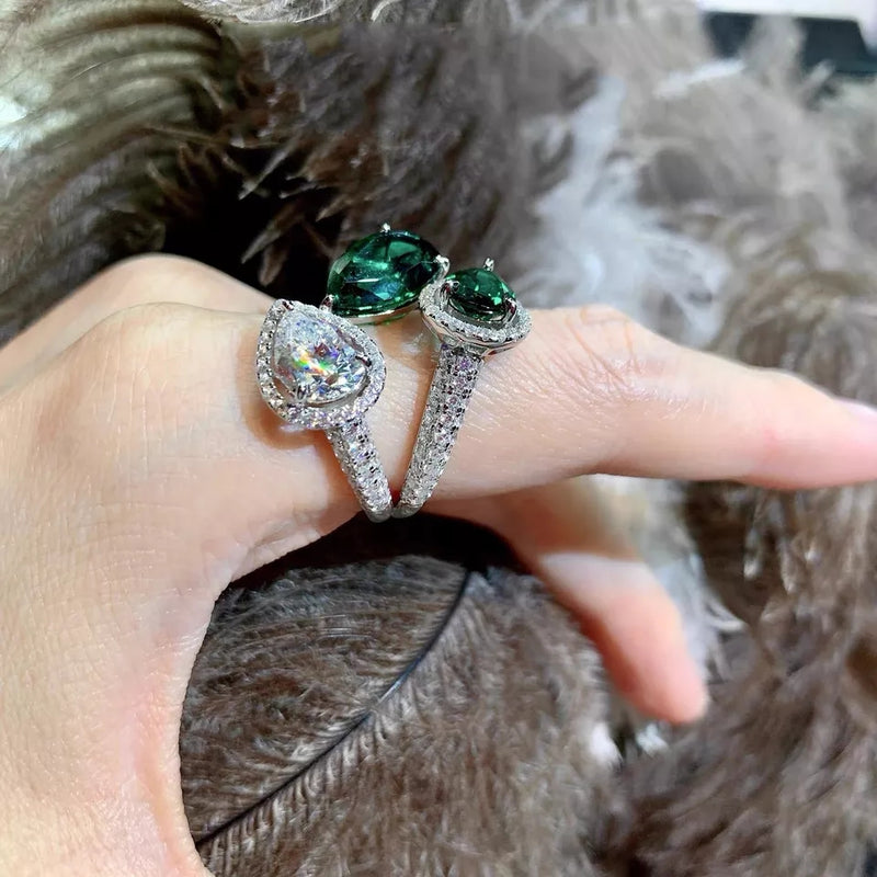 Green Crystal Stone Finger Rings For Women Silver Colour Open Size Adjustable Rings - TUZZUT Qatar Online Store