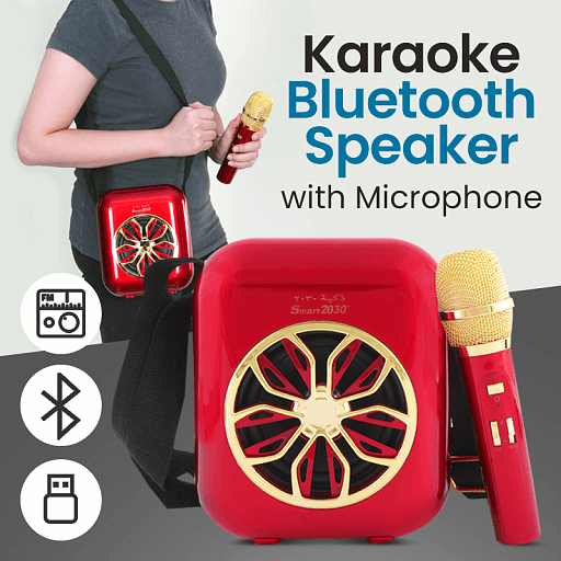 Smart2030 M20 Portable Wireless Karaoke Bluetooth Speaker with Microphone Included Support FM, TF Micro SD & USB Flash - Red - Tuzzut.com Qatar Online Shopping