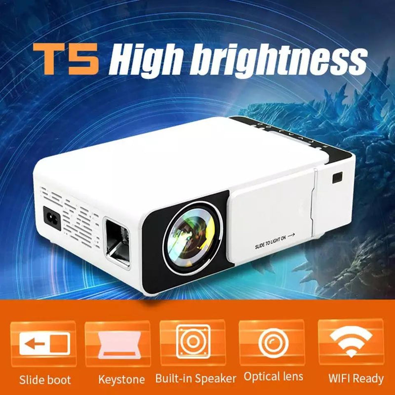 T5 Portable LED 1080P Video HD Projector 100 ANSI Lumens 800*400 Wi-Fi Ready With HDMI, VGA, AV, USB, SD Card - Tuzzut.com Qatar Online Shopping