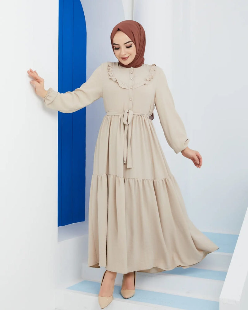 Zertas Turkish Women's Ayrobin Maxi Dress-4506 Beige - Tuzzut.com Qatar Online Shopping