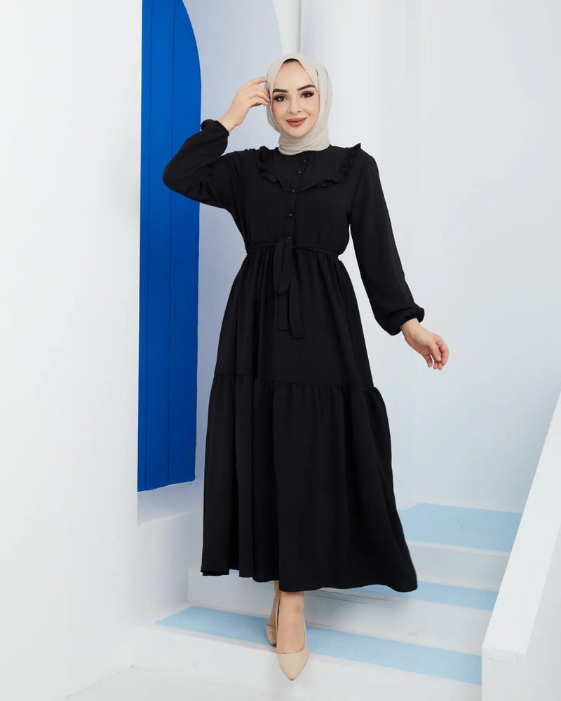 Zertas Turkish Women's Ayrobin Maxi Dress-4506 Black - Tuzzut.com Qatar Online Shopping