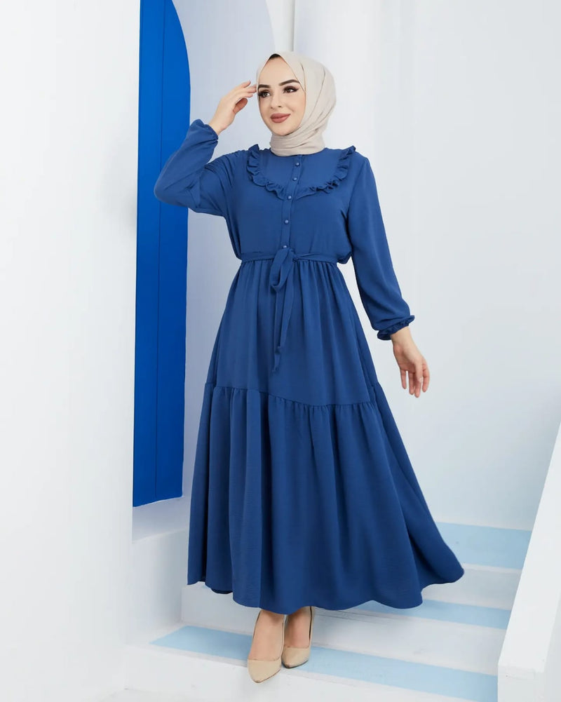 Zertas Turkish Women's Ayrobin Maxi Dress-4506 Blue - Tuzzut.com Qatar Online Shopping