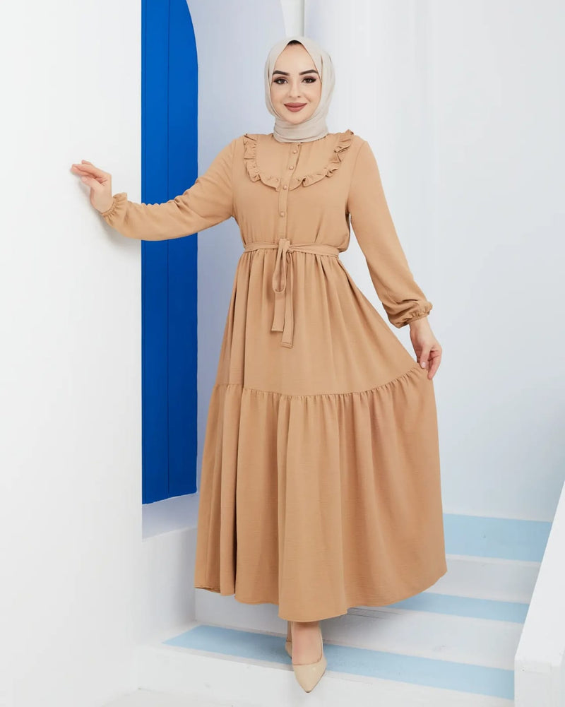 Zertas Turkish Women's Ayrobin Maxi Dress-4506 Cream - Tuzzut.com Qatar Online Shopping