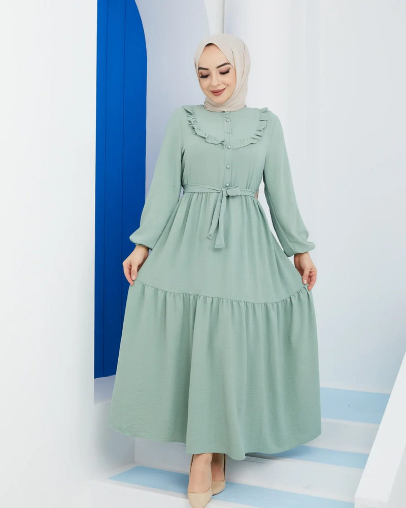 Zertas Turkish Women's Ayrobin Maxi Dress-4506 Green - Tuzzut.com Qatar Online Shopping