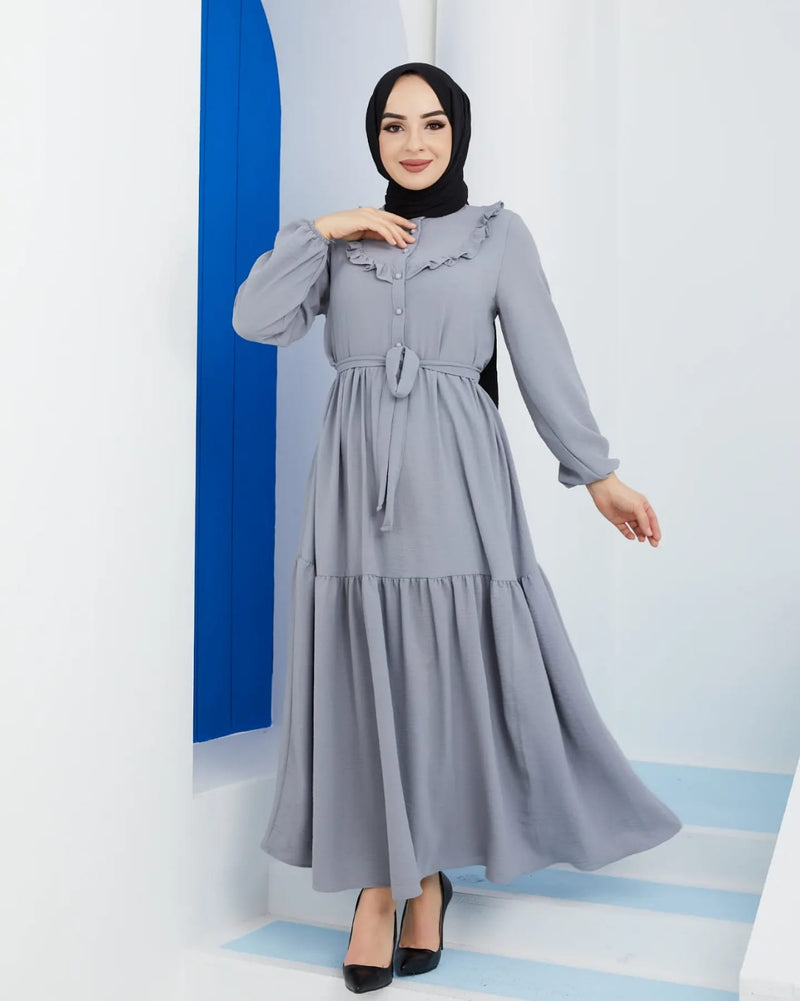 Zertas Turkish Women's Ayrobin Maxi Dress-4506 Gray - Tuzzut.com Qatar Online Shopping