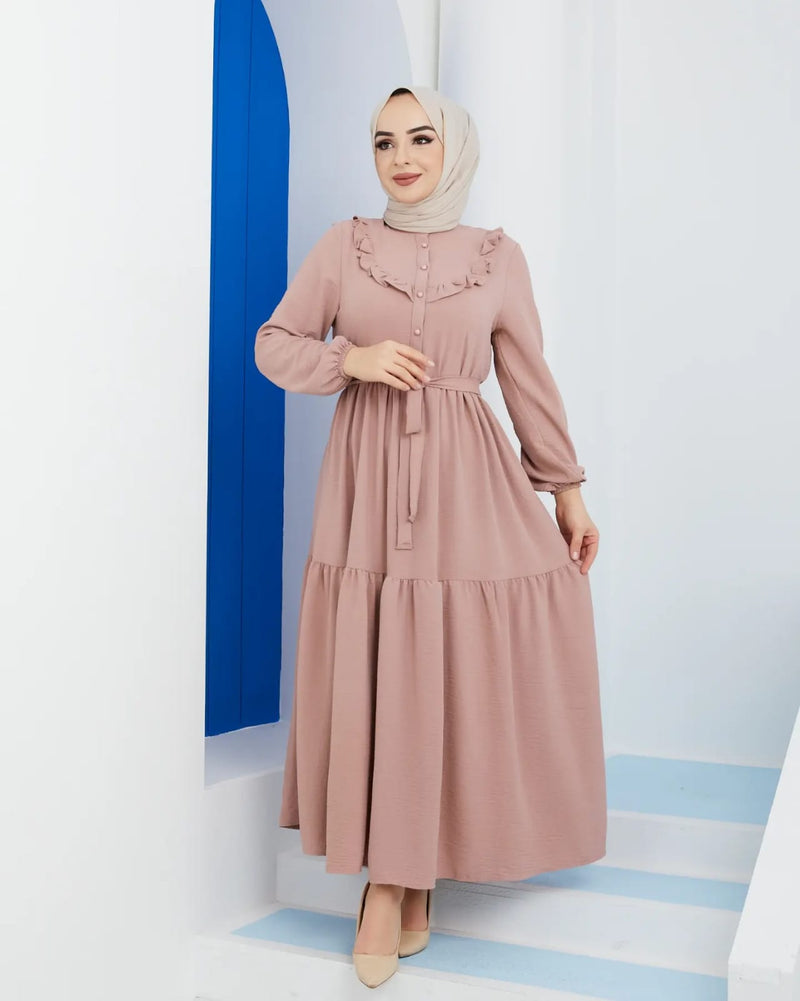 Zertas Turkish Women's Ayrobin Maxi Dress-4506 Pink - Tuzzut.com Qatar Online Shopping