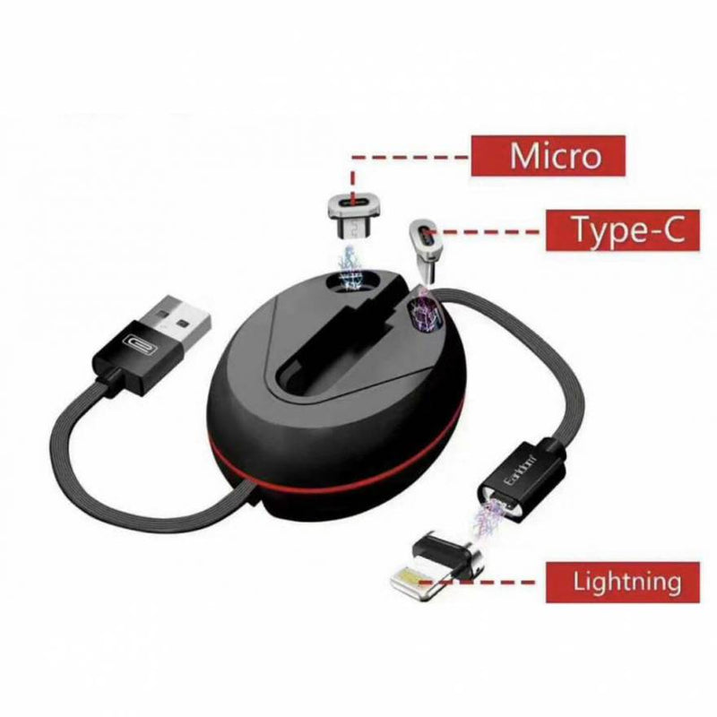 Earldom 3 in 1 Magnetic Restrable USB Cable 3A Micro-USB / Lightning / Type-C - EC-iMC016 - TUZZUT Qatar Online Store
