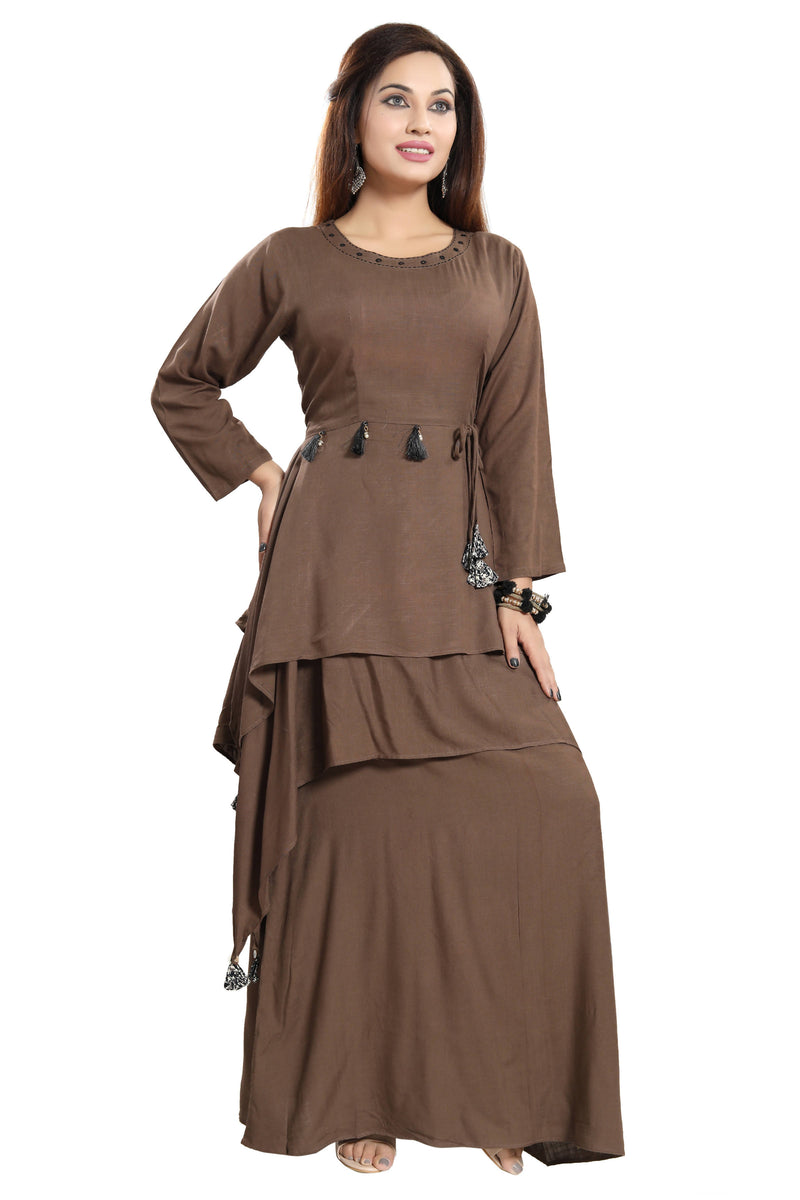 Women Brown Layered Solid Maxi Dress - TUZZUT Qatar Online Store
