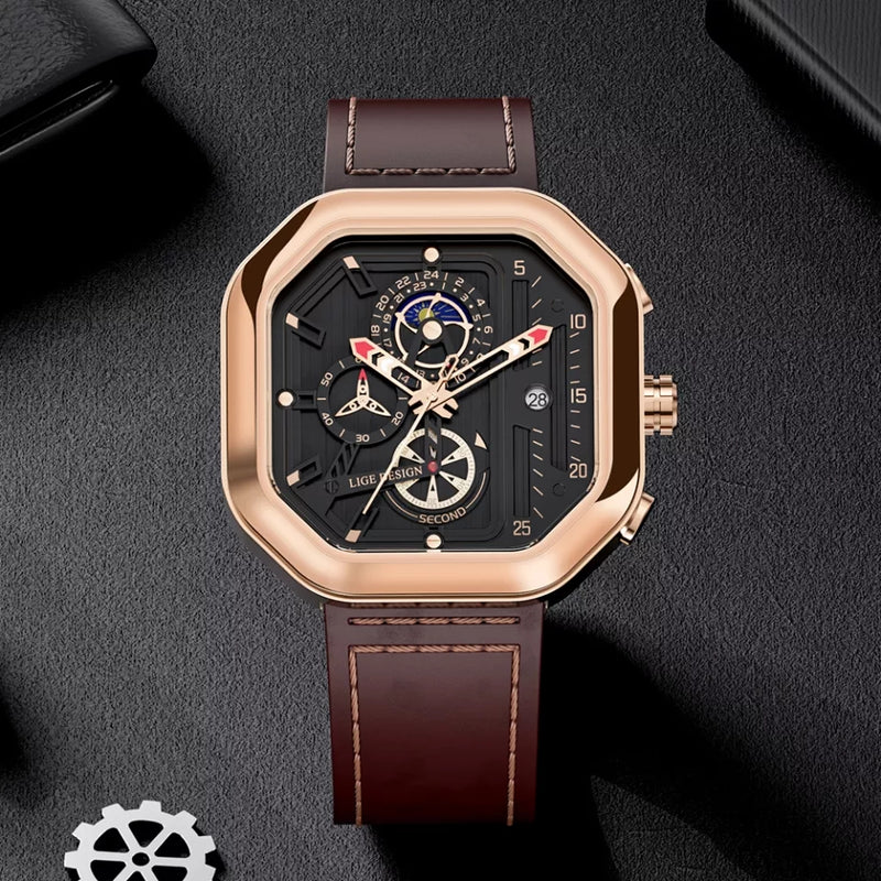 LIGE Men Quartz Luxury Leather Wristwatch LIGE8966 - Tuzzut.com Qatar Online Shopping