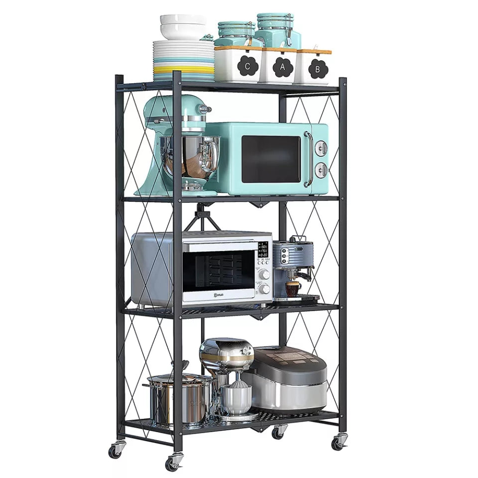 4 Layer Folding Storage Shelf Metal Rack with Rolling Wheel - Black 4 Layer Folding Storage Shelf Metal Rack with Rolling Wheel - Black