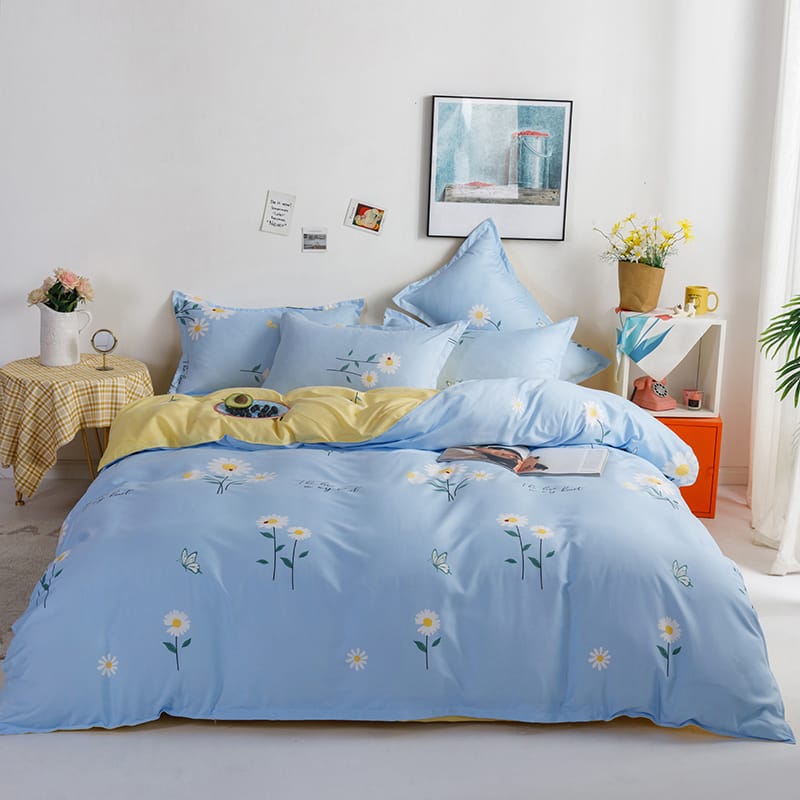 JA158-12 Cotton Double Size Bedsheet with Quilt Cover and Pillow Case 4 Pcs- Light Blue - TUZZUT Qatar Online Store