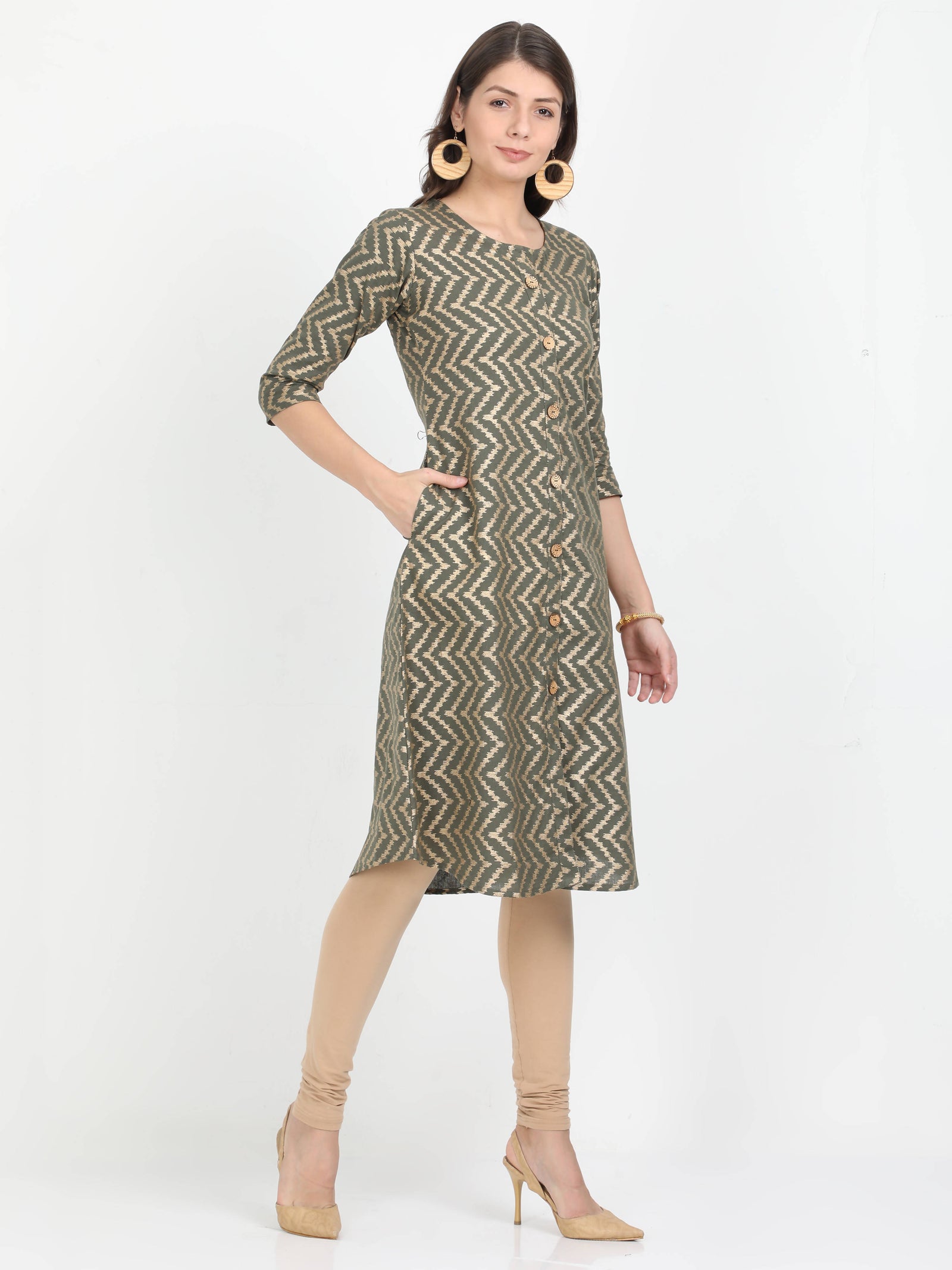 Women Olive Green Printed A-Line Kurta Women Olive Green Printed A-Line Kurta