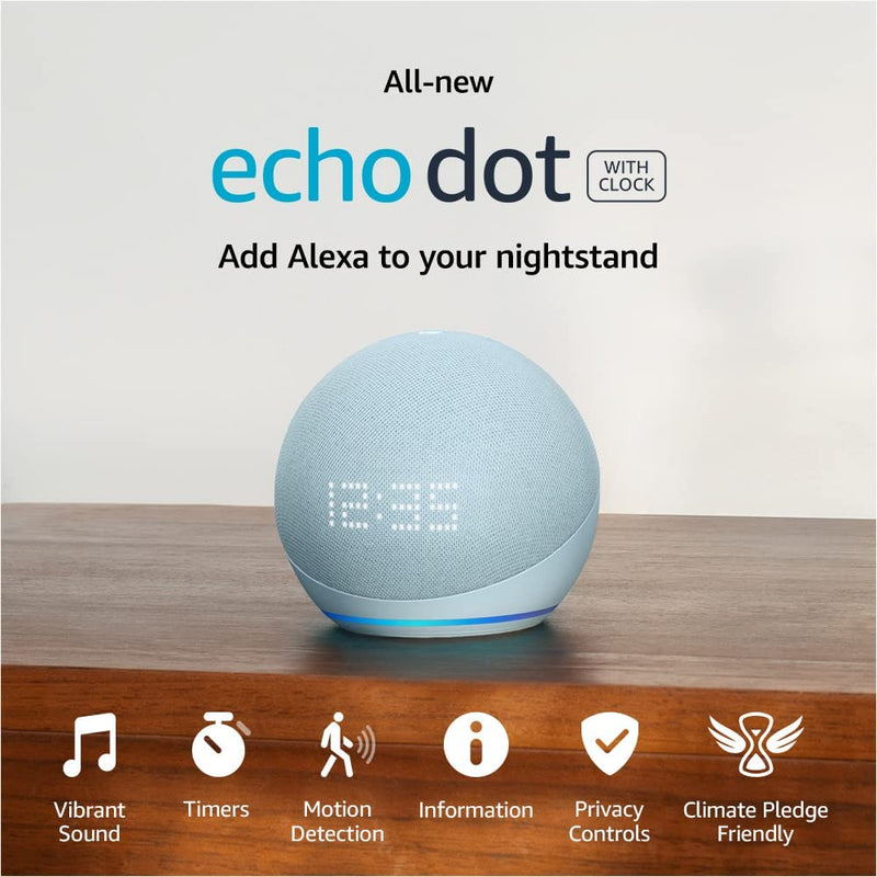 Amazon Echo Dot 5th Gen with Clock Smart Speaker with Alexa -Cloud Blue - Tuzzut.com Qatar Online Shopping