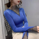 Women's V-Neck Long Sleeve Shiny T-Shirt Korean Style Top R2446 - Tuzzut.com Qatar Online Shopping