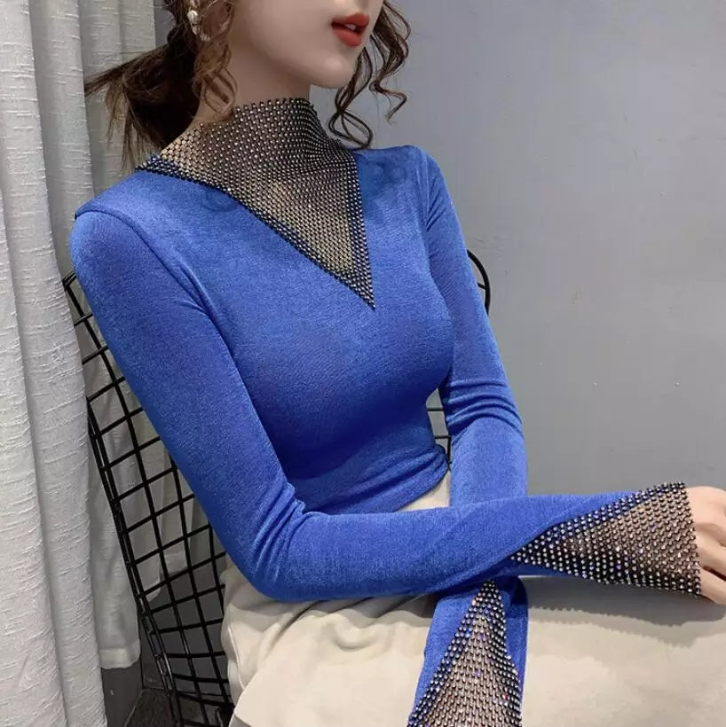 Women's V-Neck Long Sleeve Shiny T-Shirt Korean Style Top R2446 Women's V-Neck Long Sleeve Shiny T-Shirt Korean Style Top R2446
